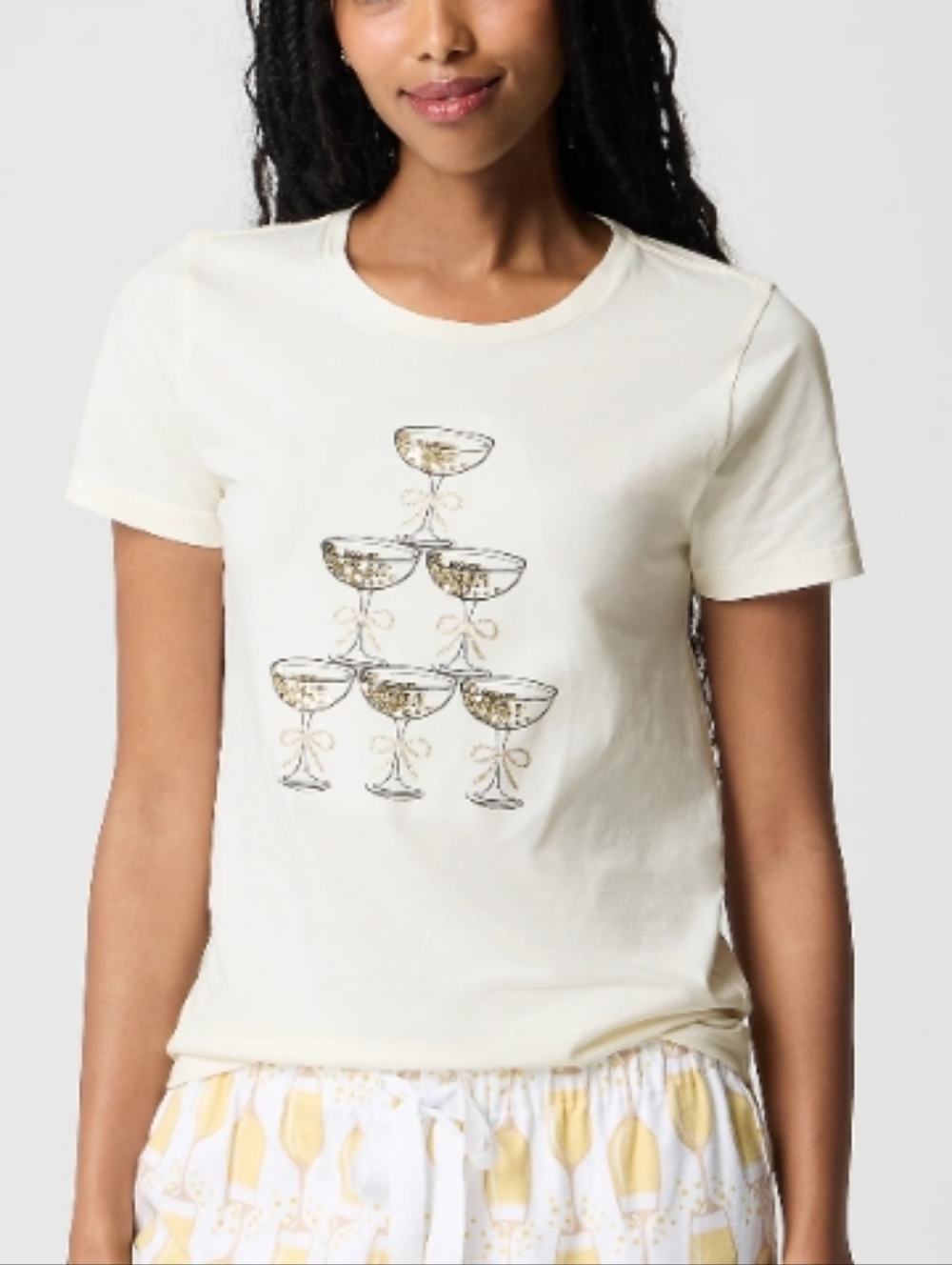 J. Crew Cream Tee with Gold Champagne Glass Tower Glitter Cups
